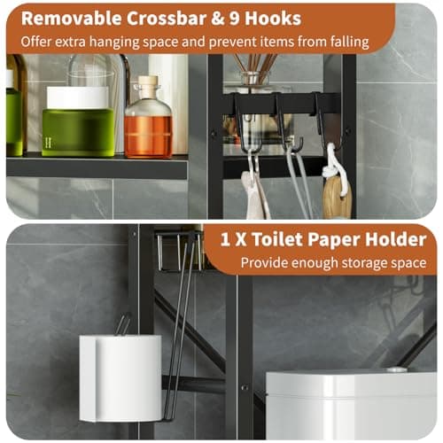 Black Over-The-Toilet Storage with 4 Tiers and 9 Hooks