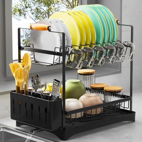 Black 2-Tier Kitchen Drying Rack with Drainboard and Cutlery Holder