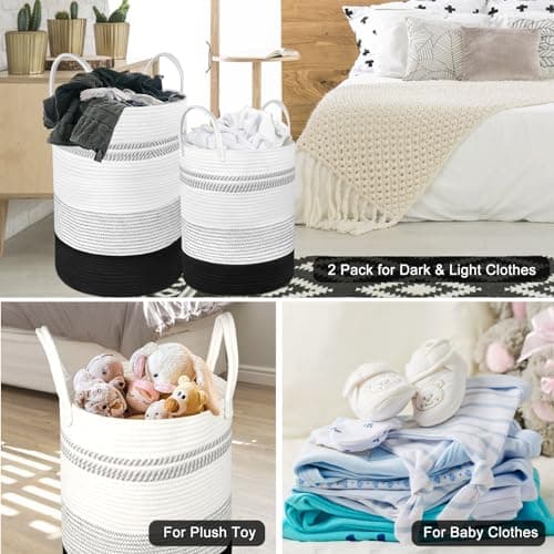 2-Pack Large Tall Rope Laundry Baskets, 58L & 28L Black, Living Room & Bedroom Storage