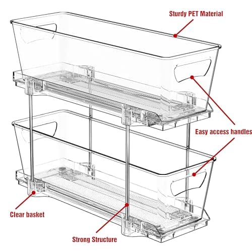 Clear 2-Tier Narrow Basket Drawer Organizer Cabinet Pull-Out
