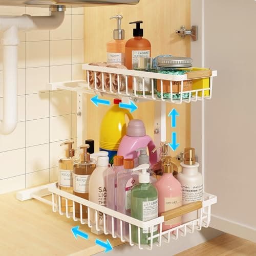 REALINN Adjustable Under Sink Storage, 2-Tier White Drawer Cabinet for Kitchen & Bathroom