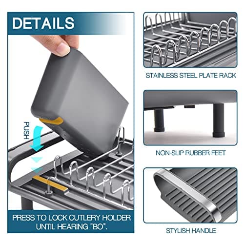 TOOLF Expandable Stainless Steel Dish Drying Rack, Anti-Rust with Cutlery Holder