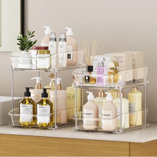 LAMU 2-Pack Clear Bathroom Storage, 2-Tier Pull-Out Sink Organizers with Drawers & Dividers