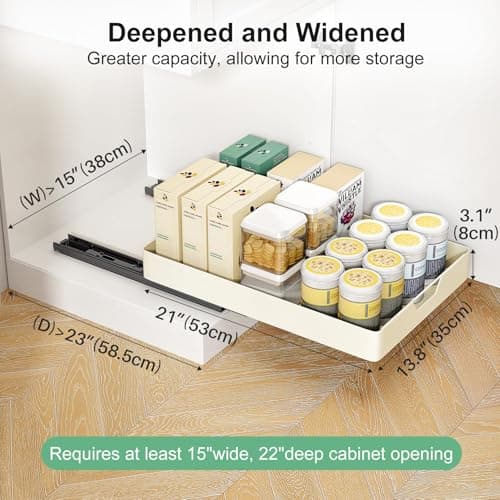 Adhesive Pull Out Cabinet Organizer for Kitchen, Bathroom, Pantry - Cream White - 13.8 W x 21 D - No Drill Slide Out Drawers