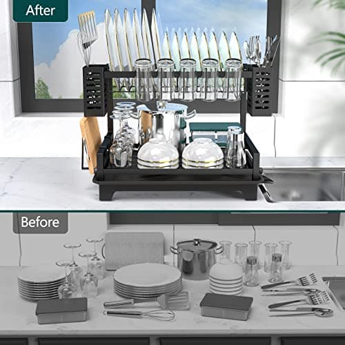 B-Land 2-Tier Kitchen Dish Drying Rack with Drainboard and Utensil Holders