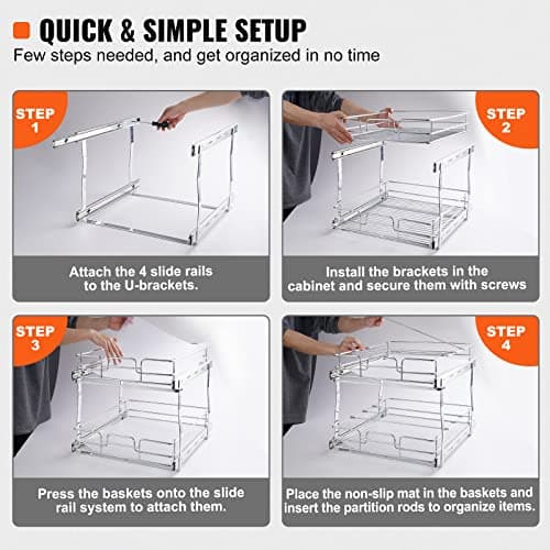 VEVOR Heavy Duty 2 Tier Pull Out Cabinet Organizer, Chrome-Plated Steel Drawer, 15"x22"x16"