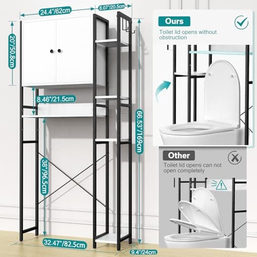 White Non-Slip Freestanding Toilet Cabinet with 4-Tier Shelves & Hooks