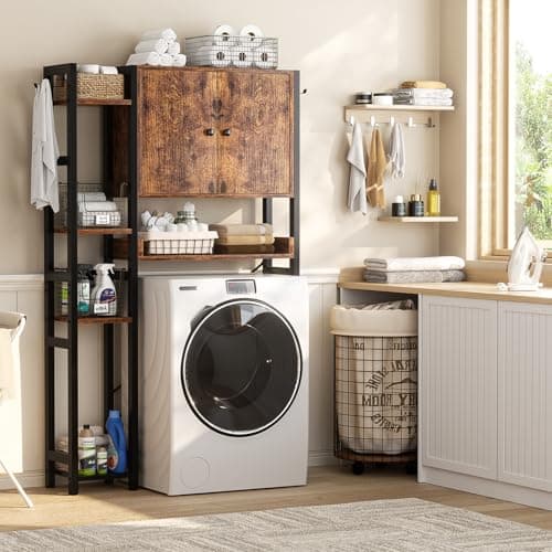 Rustic 7-Tier Over-the-Toilet Storage Cabinet with Adjustable Shelf & 4 Hooks
