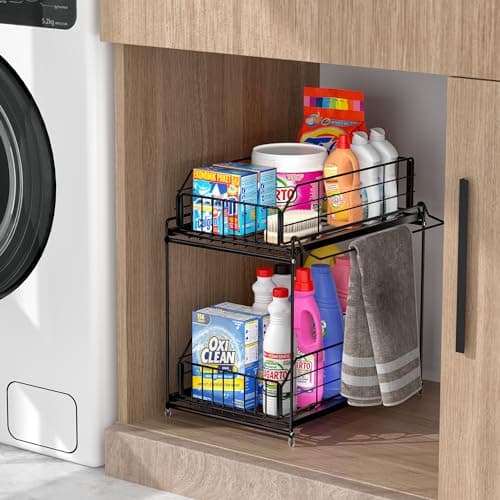 SUEH DESIGN 2 Tier Under Sink Organizer with Hanging Rail for Kitchen & Bathroom