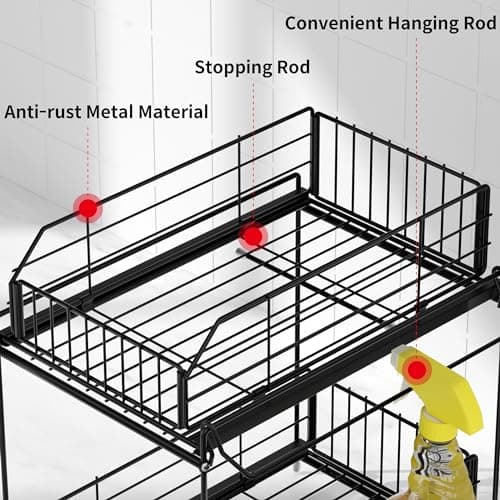 SUEH DESIGN 2 Tier Under Sink Organizer with Hanging Rail for Kitchen & Bathroom