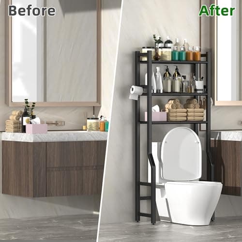 Black 3-Tier Over-the-Toilet Storage Rack with Hooks