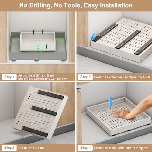 Expandable 2PC Cabinet Organizer, White, Adhesive Sliding Drawers, 14"-21" W, 17"-24" D