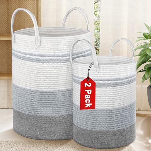 2-Pack Large Tall Rope Laundry Baskets, 58L & 28L Black, Living Room & Bedroom Storage