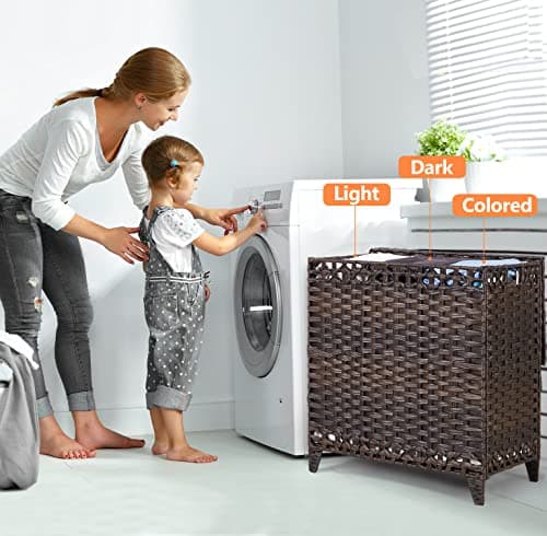 Laundry Basket with 3 Liner Bags; 132L Rattan Basket with Lid & Feet; Sorter with 3 Sections (Brown)