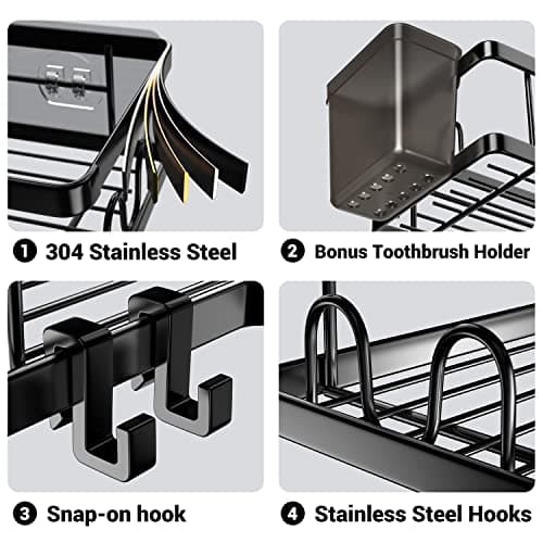 Stainless Steel Adhesive Corner Shower Caddy, 2 Pack, Hooks & Toothpaste Holder
