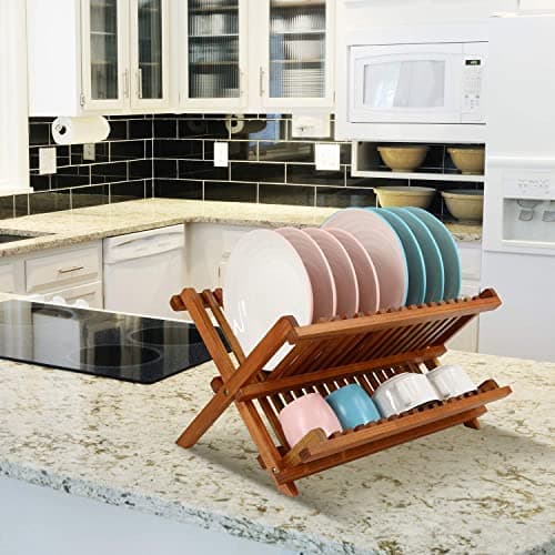 Utoplike Collapsible 2-Tier Teak Dish Drainer for Kitchen