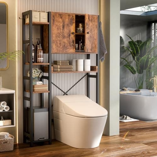 Rustic 7-Tier Over-the-Toilet Storage Cabinet with Adjustable Shelf & 4 Hooks