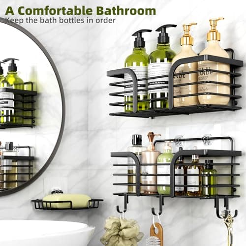 Rustproof Stainless Steel Shower Organizer, Soap Dish & 4 Hooks, Adhesive Mount No Drill Shelf Basket Accessories