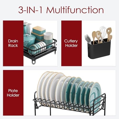 X-Large Stainless Steel Dish Drying Rack, 2-Tier Kitchen Organizer, Black