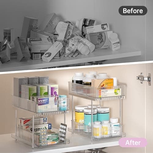 Delamu 2 Pack Bathroom & Kitchen Organizer, Snap-Lock Medicine Cabinet & Movable Divider