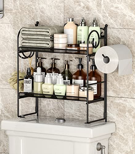 2 Tier Black Over Toilet Storage Organizer Shelf with Hooks and Paper Holder