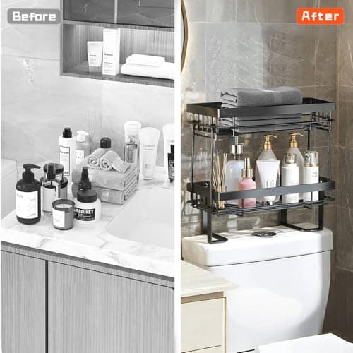 Toilet Storage Organizer Shelf, 2 Tier Stackable Bathroom Organizer & Storage Rack, Screwless Design, Punch-Free - Black