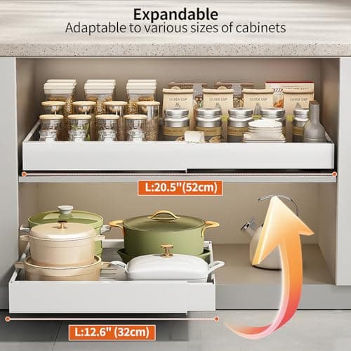 Expandable Pull-Out Cabinet Organizer, 12.6"-20.5" Deep, White Kitchen Pantry & Bathroom Storage