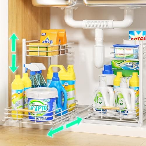 Delamu Height Adjustable Under Sink Organizer, 2 Pack Storage Shelf for Kitchen & Bathroom
