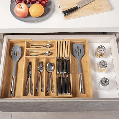 Expandable Bamboo Silverware Drawer Organizer for Kitchen