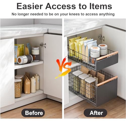 Cabinet Organizer with Slide Out Drawers and Wooden Handle for Kitchen, Pantry, Bedroom, Office