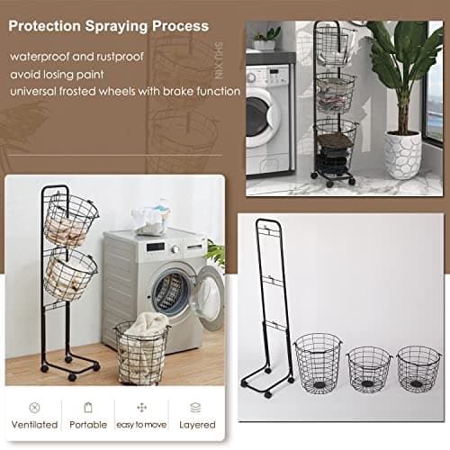 3-Tier Rolling Lockable Laundry Trolley with Metal Storage Shelf