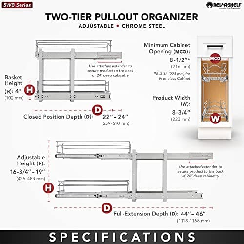 Rev-A-Shelf 2-Tier Kitchen Cabinet Organizer, 9x22 In, 5WB2-0922CR-1