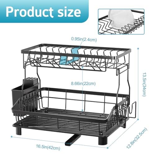2-Tier Large Capacity Dish Drying Rack with Drainboard & Removable Utensil Holder, Black