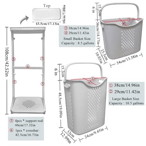 2-Tier Plastic Laundry Basket with Wheels, 40L+32L Capacity, Multi-Functional Kitchen & Bathroom Organizer