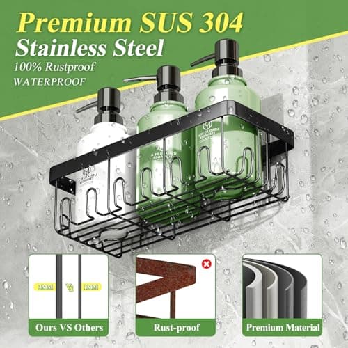 Black Rustproof Shower Caddy Organizer with Hooks for Bathroom & Kitchen