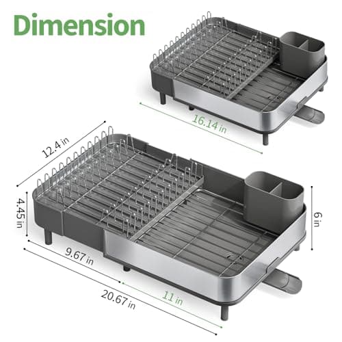 Expandable 304 Stainless Steel Dish Drying Rack, Foldable with Cutlery Holder, Gray Kitchen Rack