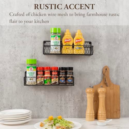 MyGift 12-Inch Black Chicken Wire Wall Mount Spice Rack, Set of 2