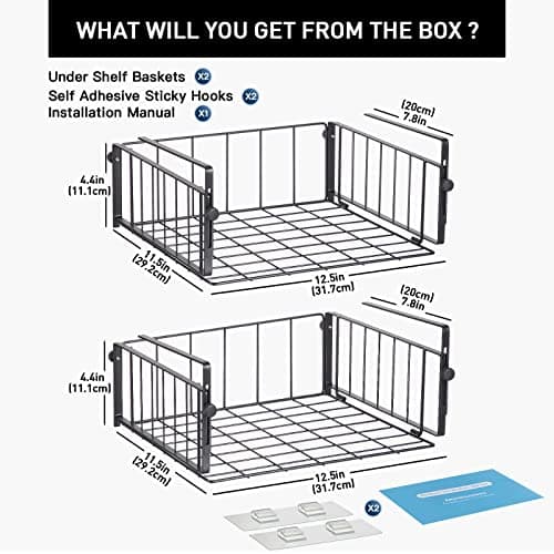 2-Pack Adjustable Under Shelf Storage Baskets for Kitchen, Laundry, and Office Organization - Black