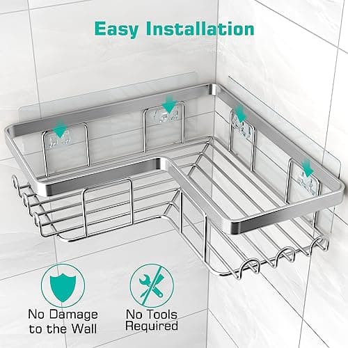 YASONIC Rustproof 3-Pack Adhesive Shower Caddy, 12 Hooks, Soap Holder, Brushed Silver
