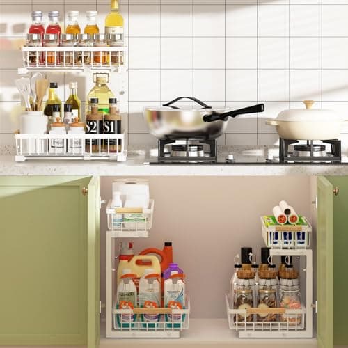 REALINN Adjustable Under Sink Storage, 2-Tier White Drawer Cabinet for Kitchen & Bathroom