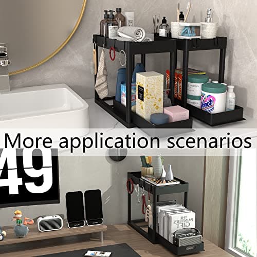 Black 2PC Under Sink Organizer Rack with Hooks for Bathroom Kitchen