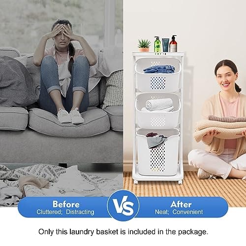 3-Tier White/Natural Water Hyacinth Laundry Basket - Storage Organizer with Wheels