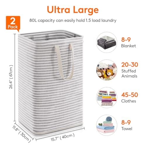 Large Collapsible Laundry Baskets with Carry Handles for Adults - 2 Pack - Grey - 2 x 80L