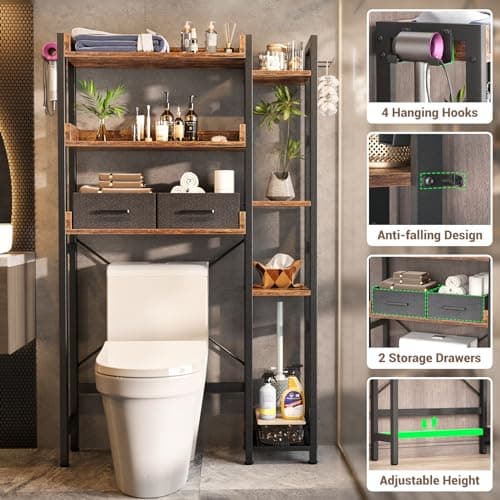 Rustic Brown 7 Tier Toilet Organizer with 2 Drawers & 4 Hooks