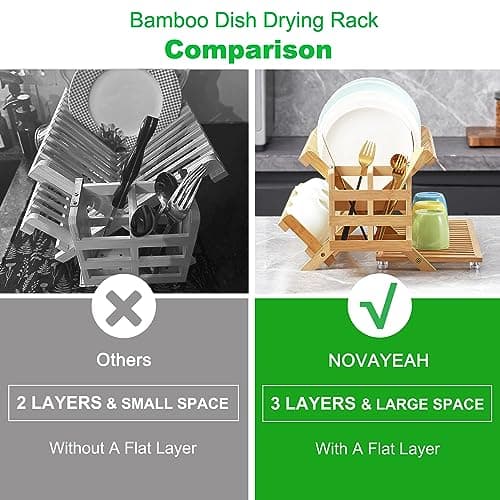 Bamboo Collapsible 3-Tier Dish Drying Rack with Holder