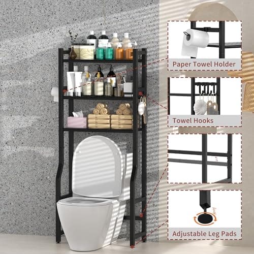 Black 3-Tier Over-the-Toilet Storage Rack with Hooks