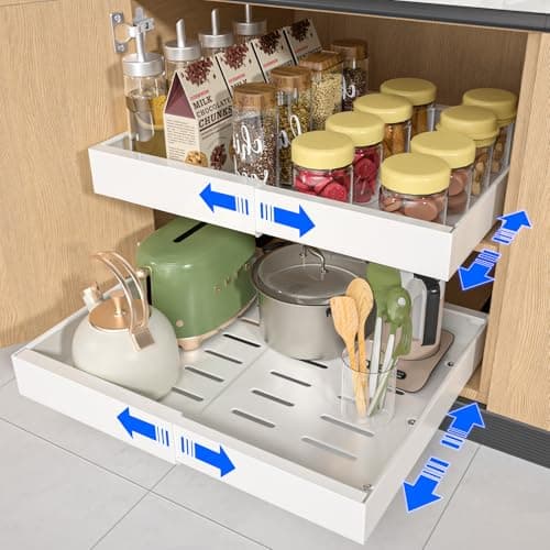 2 Pack Expandable White Pull Out Cabinet Organizers, 12.6''-21'' Width, 21'' Deep, Kitchen & Bathroom Storage