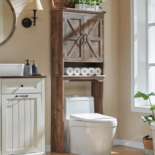 Rustic Brown Over the Toilet Cabinet, 67" Tall, Adjustable Shelf, Barn Door