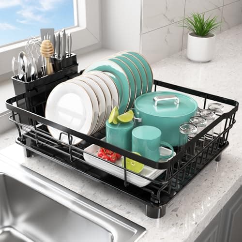 2-Tier Large Capacity Dish Drying Rack with Drainboard & Removable Utensil Holder, Black