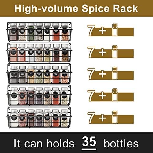 5-Pack Wall-Mounted Spice Rack Organizer for Kitchen, Black